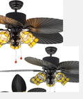 Top Shelf Retro European Ceiling Fan With Remote Control And Striking Stained Glass Shade On A Rock Solid Base Featuring Five Eco Friendly Blades And A Flip Style Reversible Motor To Keep The Good Vibes Rolling In Bedrooms Or Living Rooms At 52 Inches, showcasing stained glass and fan blades.