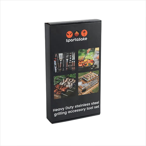 Ultimate Grill Master Gear Set for Blackstone Griddle packaging, showing stainless steel BBQ tools and grilled food on box cover.
