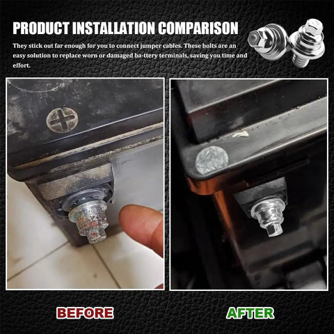 Before and after comparison of Tough As Nails Oem Style Car Battery Terminal Bolts 3/8 16 thread installation on battery.