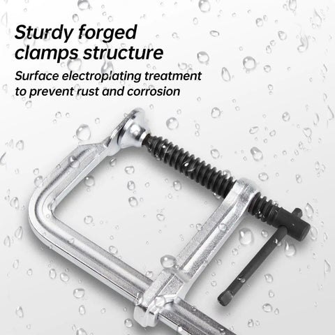 Close-up of Beefy 4 Pack 12 Inch Welding Bar Clamps Drop Forged Steel with water droplets, emphasizing rust resistance.