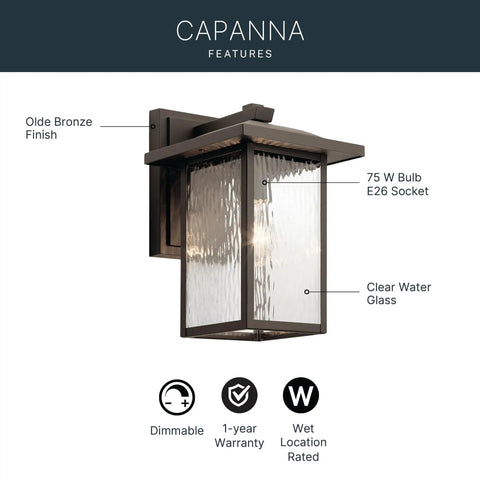 Capanna Outdoor Wall Light In Olde Bronze With Clear Water Glass, 1 Light Weatherproof Exterior Sconce For Porch And Patio, 13.25 Inch Tall