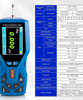 Portable Surface Roughness Tester and Profilometer with 0.001 µm Resolution, Ra Rz Rq Rt, displayed with measurement table.
