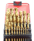 Pro HSS Twist Drill Bit Kit For Steel And Wood Jobs, Bombproof High Speed Steel Set Fits All Hand Drills Plus Screwdrivers With Storage Box And Max Ten MM Shank Capability; 25-piece gold bits in case