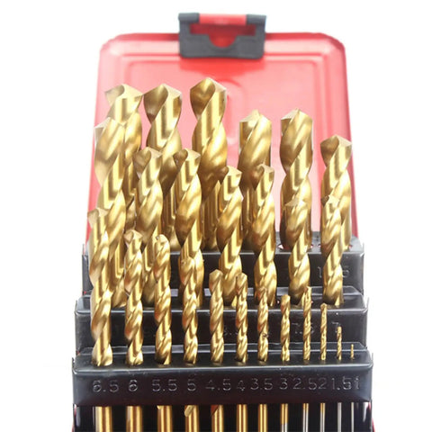 Pro HSS Twist Drill Bit Kit For Steel And Wood Jobs, Bombproof High Speed Steel Set Fits All Hand Drills Plus Screwdrivers With Storage Box And Max Ten MM Shank Capability; 25-piece gold bits in case