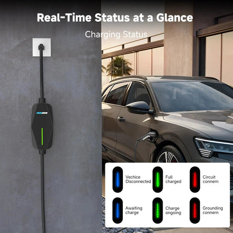 Level 1 And 2 Portable Home EV Charger With 16Amp 110V To 240V Flex, electric car plugged in, charging status indicator