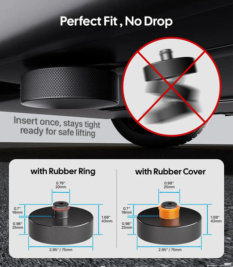 Tesla Jack Pads For Model Y And More Heavy Duty TPU Battery Protection Lift Pucks shown with rubber ring and rubber cover