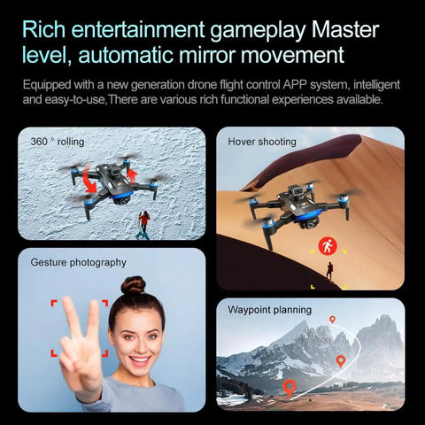 Dope Dual Camera Drone With Built In LCD Remote Screen showcasing 360° roll, hover, gesture control, waypoint flight over snowy mountains.