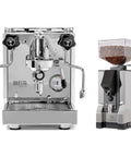 Espresso Machine And Eureka Mignon Silenzio 55 Grinder Bundle In Stainless Steel And Chrome Finish displayed side by side