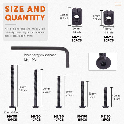 Diagram showing size and quantity of components in the 121 Piece M6 Furniture Bolts And Barrel Nuts Set With Hex Key For Baby Crib.