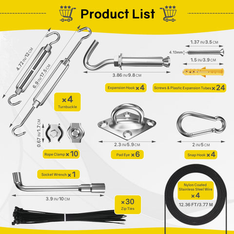 Sun Shade Sail Hardware Kit With 12 Foot Vinyl Coated 304 Stainless Steel Wire Rope for Triangle and Rectangle Shade Installations