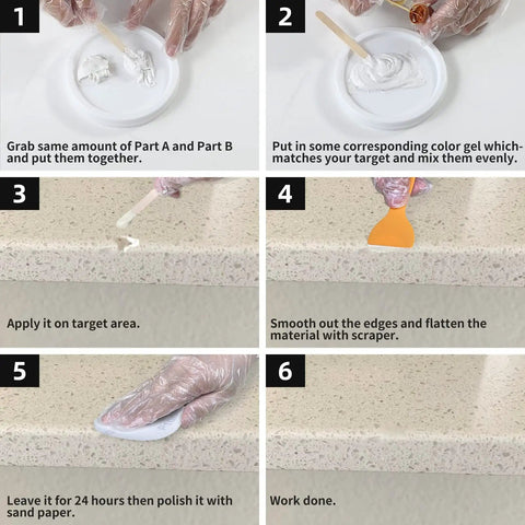 Step-by-step process using Tile And Granite Marble Fix It Kit For Porcelain Quartz And Other Stone Surfaces That Fix Chips Dents Cracks