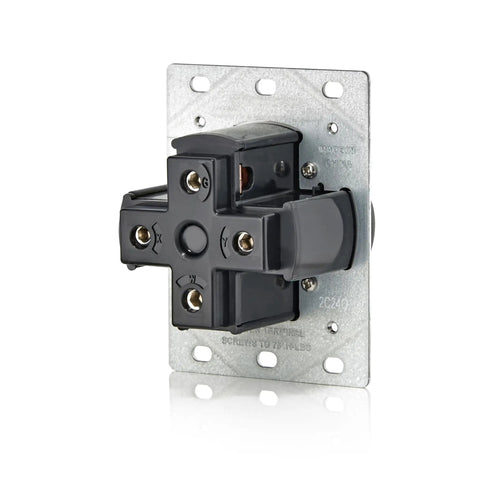 Heavy Duty 50 Amp EV Charging Receptacle NEMA 14-50R Plug-In Outlet Weather Resistant Black close-up on metal wall plate.