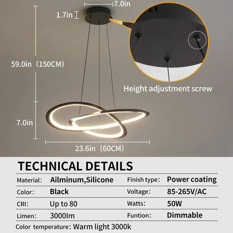 Modern Trefoil Ceiling Chandelier For Dining Room And Living Room, Adjustable Height And Color Temperature, Matte Black LED Fixture