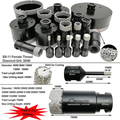 Diamond Core Drill Bits Set For Porcelain Tile Stone And Brick Dry And Wet Drilling Vacuum Brazed Hole Saws 6 Piece Sizes 25-89mm