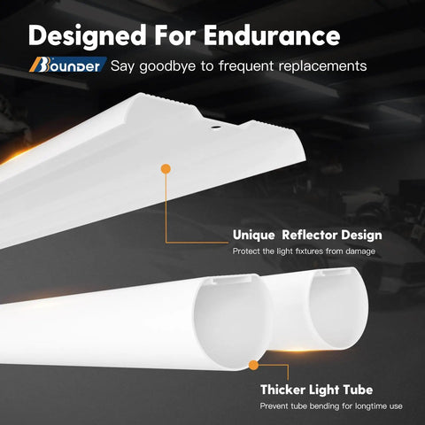 Close-up of 12 Pack Linkable LED Shop Lights With Reflectors showcasing reflector and thick light tube, 4 Ft, 4400 Lumens, 6500K.