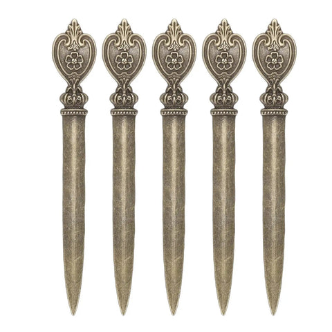 Five Piece Retro Envelope Opener Set Zinc Alloy Letter Openers For Quick Mail Opening Sword Shaped Design Lightweight Durable Office And Home Tool For Letters, showing five ornate pieces in a line.