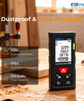 Portable Laser Distance Meter in a workshop setting, showcasing digital display and bubble level for precise measurements. Kick The Bucket On Flimsy Metal Tapes And Grab This Boss Level Laser Distance Meter With Built In Bubble Level For Nailing Wall Measurements Or Furniture Layouts Without Breaking A Sweat.