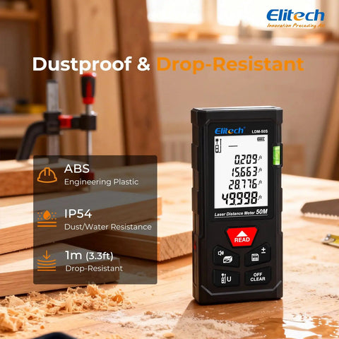 Portable Laser Distance Meter in a workshop setting, showcasing digital display and bubble level for precise measurements. Kick The Bucket On Flimsy Metal Tapes And Grab This Boss Level Laser Distance Meter With Built In Bubble Level For Nailing Wall Measurements Or Furniture Layouts Without Breaking A Sweat.