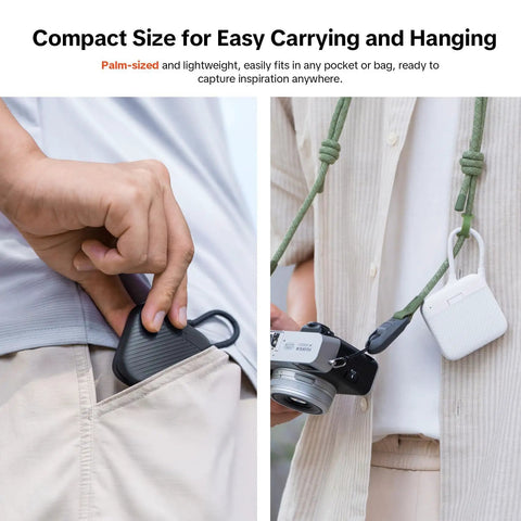 Person placing CreateMate Mini SD Card Reader Case With 6-Slot Storage in pocket and hanging from camera strap, showcasing portability.