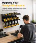 Man using screwdriver at workbench with Heavy Duty Tool Organizer Wall Mount For Garage, Locking Metal Storage Rack with tools visible.