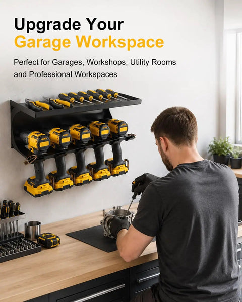 Man using screwdriver at workbench with Heavy Duty Tool Organizer Wall Mount For Garage, Locking Metal Storage Rack with tools visible.