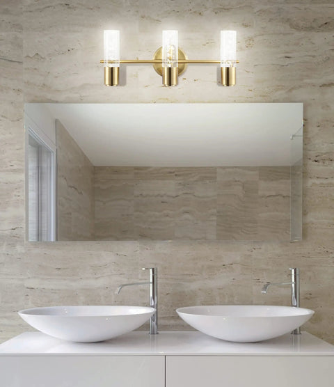 Oil Rubbed Bronze Modern Integrated LED Vanity Light Wall Sconce For Bathroom With Clear Bubble Acrylic Shade above dual sinks