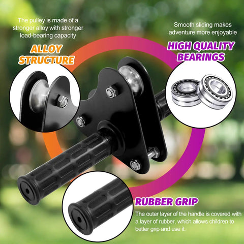 Backyard Zip Line Kit For Kids And Adults Up To 400 Lbs With Heavy Duty Retractors And Disc Seats 80 Foot Zip Line showing alloy pulley, high-quality bearings, and rubber grip features.