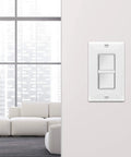 Double Paddle Rocker Decorator Switch Gloss White Clamp Type Wiring Copper Wires Only Single Pole Residential And Commercial Grade 15A 120 To 277VAC 5 Pack installed on a modern white wall with a window view.