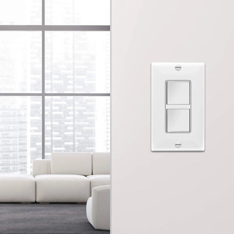 Double Paddle Rocker Decorator Switch Gloss White Clamp Type Wiring Copper Wires Only Single Pole Residential And Commercial Grade 15A 120 To 277VAC 5 Pack installed on a modern white wall with a window view.