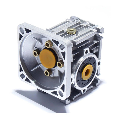 Premium Worm Gear Speed Reducer Compatible With NMRV050 RV050 Gearboxes Offering 5 To 100 Transmission Ratios For Kickin Serious Torque And Smooth Servo Motor Operation Daily, showing silver casing and dual input/output sides.