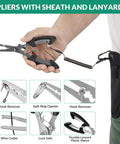 All In One Fishing Waist Pack Kit With Tackle Box And Lure Kit showing pliers with sheath and lanyard, detailed views included