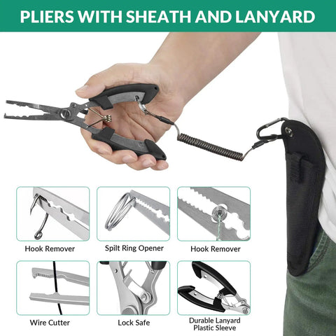 All In One Fishing Waist Pack Kit With Tackle Box And Lure Kit showing pliers with sheath and lanyard, detailed views included