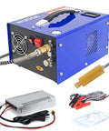 Portable PCP Air Compressor 4500 Psi 30 MPa Water And Oil Free Air Pump For Rifles Pistols And Paintball Cans, shown with accessories