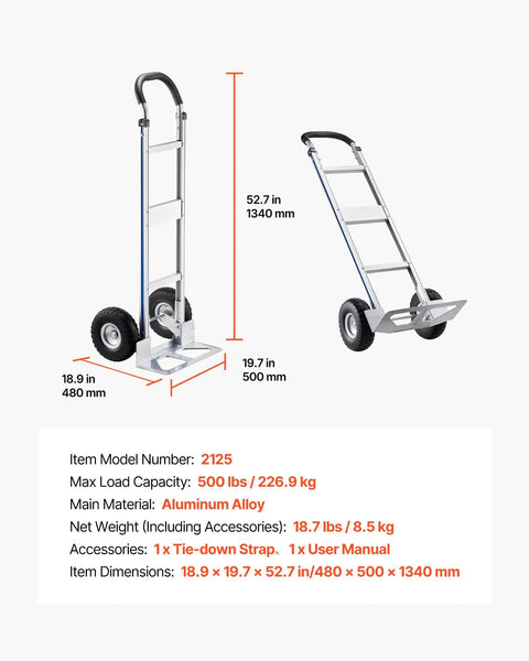 Heavy Duty Aluminum Hand Truck Dolly With Non Slip Wheels And Handle, 500 Lb Capacity Portable Trolley, dimensions shown