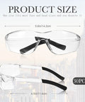30 Pairs Safety Glasses Bulk Pack For Men And Women Protective Eyewear Goggles, clear lenses, side and front view.