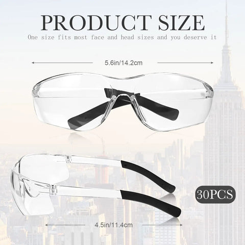 30 Pairs Safety Glasses Bulk Pack For Men And Women Protective Eyewear Goggles, clear lenses, side and front view.