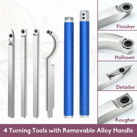 Carbide Tipped Wood Turning Tools Set With Lathe Rougher Finisher And Swan Neck Hollowing Bits Interchangeable Aluminum Grip