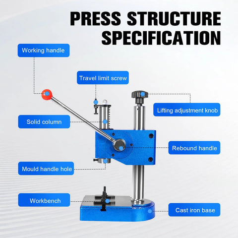 Heavy Duty 0.5 Ton Manual Arbor Press Precision Spring Loaded Benchtop Shaft Tool For Stamping Bending Forming With No Sweat Turbine Spring For Boss Level Shop Tasks with labeled structure specification.