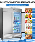 Rock Solid Heavy Duty 54 Inch Commercial Refrigerator Two Door Stainless Steel Reach In Upright Fridge Fan Cooled Forty Nine Cubic Feet Capacity with visible drinks and fruits.