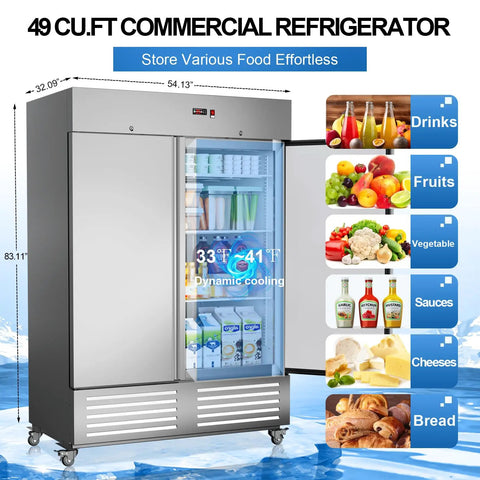 Rock Solid Heavy Duty 54 Inch Commercial Refrigerator Two Door Stainless Steel Reach In Upright Fridge Fan Cooled Forty Nine Cubic Feet Capacity with visible drinks and fruits.