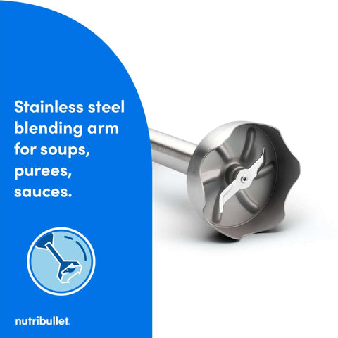 Stainless steel blending arm of Heavy Duty Yet Slick Handheld Immersion Blender For Pureeing Soups Whipping Cream And Mixing Batter.