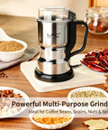 Top Shelf Electric Coffee Grinder And Spice Mill Featuring A Hella Quick 150 Watt Motor Plus Razor Sharp Stainless Steel Blades For Roasted Beans Fresh Herbs Whole Spices And Nuts Boss Cleaning Kit Included with spices and grinding unit.