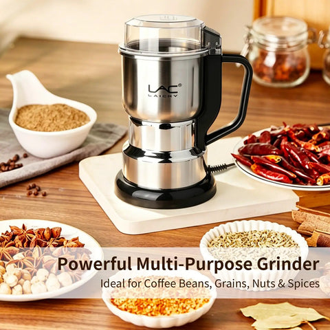 Top Shelf Electric Coffee Grinder And Spice Mill Featuring A Hella Quick 150 Watt Motor Plus Razor Sharp Stainless Steel Blades For Roasted Beans Fresh Herbs Whole Spices And Nuts Boss Cleaning Kit Included with spices and grinding unit.