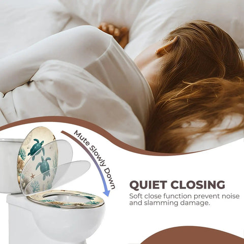 Teal Resin Toilet Seat for Bathroom with soft close feature, shown partially open above a toilet for quiet operation.
