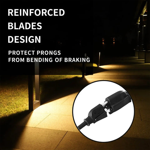 Outdoor Extension Cord 10 Ft 16/3 SJTW Black Heavy Duty Cable With Grounded 3 Prong Plug For Weatherproof Power To Christmas Lights And Outdoor Decorations UL Listed Water Resistant Flame Retardant Slip Resistant, image shows reinforced plug design for protection.