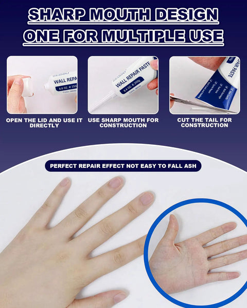 Upgraded Drywall Repair Kit With Scraper For Quick Drying Wall Mending Paste That Fills Holes Cracks And Dents usage steps