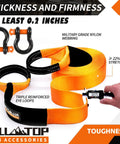 Heavy Duty Tow Strap Recovery Kit 3 Inch Wide By 20 Feet Long 100 Percent Nylon Snatch Strap With 22 Percent Elongation And 35000 Pound Breaking Strength Includes Two Heavy Duty D Ring Shackles Plus Storage Bag For Vehicle Offroad Use showing thickness and firmness
