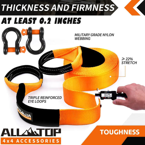 Heavy Duty Tow Strap Recovery Kit 3 Inch Wide By 20 Feet Long 100 Percent Nylon Snatch Strap With 22 Percent Elongation And 35000 Pound Breaking Strength Includes Two Heavy Duty D Ring Shackles Plus Storage Bag For Vehicle Offroad Use showing thickness and firmness