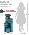 Cool 19.3 Inch Outdoor Water Fountain With LED Lights Four Tier Cascading Water Feature For Garden Patio Yard Or Porch Polyresin Faux Ceramic Pedestal Pump Included, shown with dimensions and a silhouette for scale.