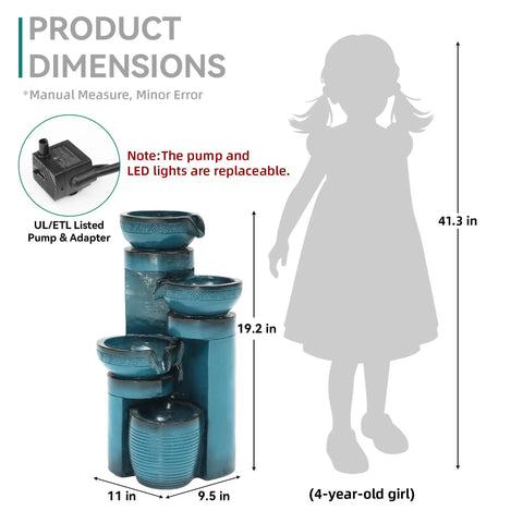 Cool 19.3 Inch Outdoor Water Fountain With LED Lights Four Tier Cascading Water Feature For Garden Patio Yard Or Porch Polyresin Faux Ceramic Pedestal Pump Included, shown with dimensions and a silhouette for scale.